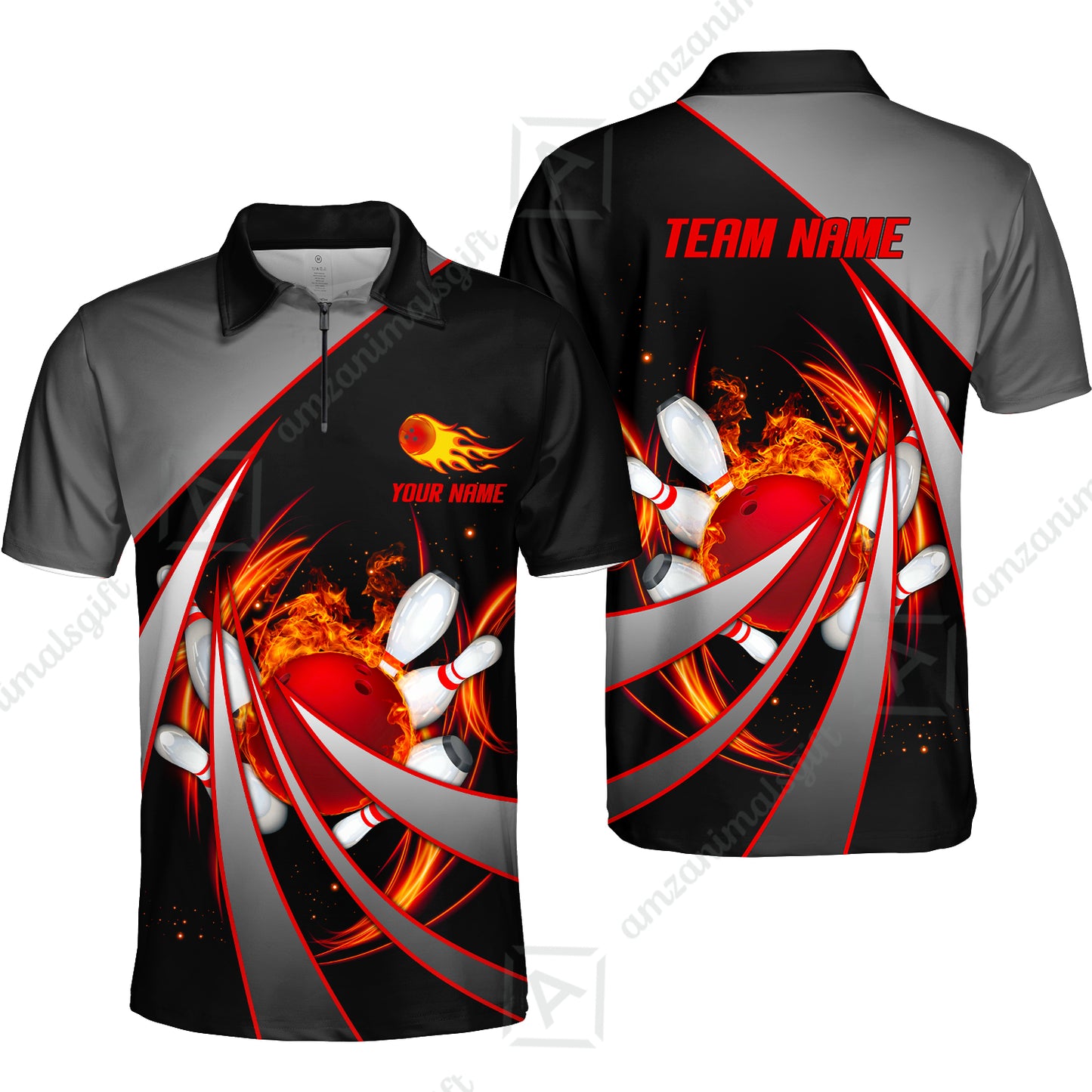 Customized Bowling Unisex Polo, Flame Bowling And Pins Tornado Pattern Multicolor Option Customized Name Zipper Polo Jerseys Shirts
