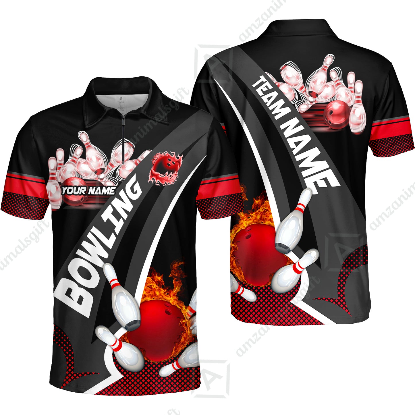 Customized Bowling Polo, Bowling And Pins Plame Premium Multicolor Option Personalized Name And Team Zipper Polo Jerseys Shirts
