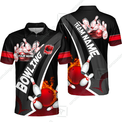 Customized Bowling Polo, Bowling And Pins Plame Premium Multicolor Option Personalized Name And Team Zipper Polo Jerseys Shirts