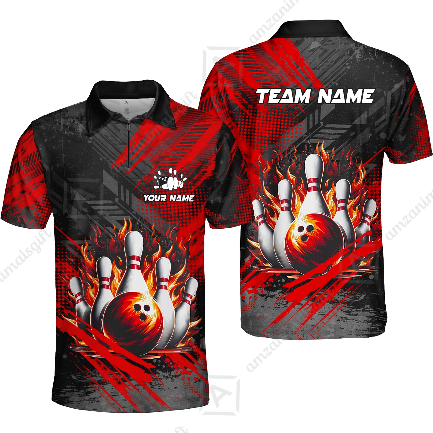 Custom Bowling Team Quarter-Zip Polo Shirt, Personalized Flame Bowling Jersey with Name & Team Name for Men & Women