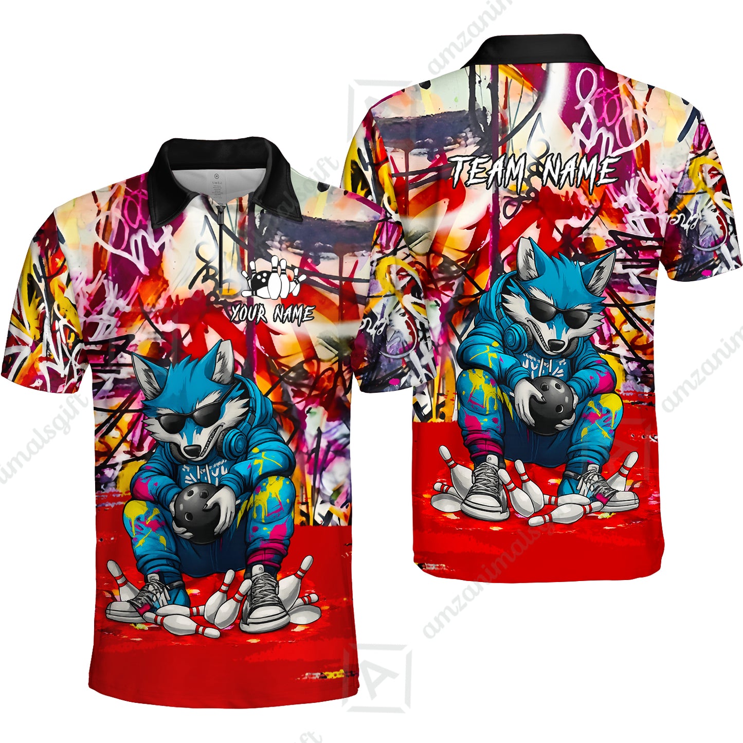 Custom Streetwear Wolf Bowling Jersey Polo Shirt, Custom Streetwear Wolf Bowling Jersey Team Shirt For Players With Name & Team Name