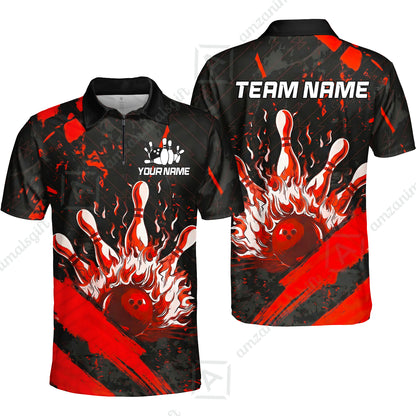 Customized Bowling Unisex Polo Shirt, Bowling And Pins Grunge Flame, Bowling Uniform - Personalized Name And Team Name