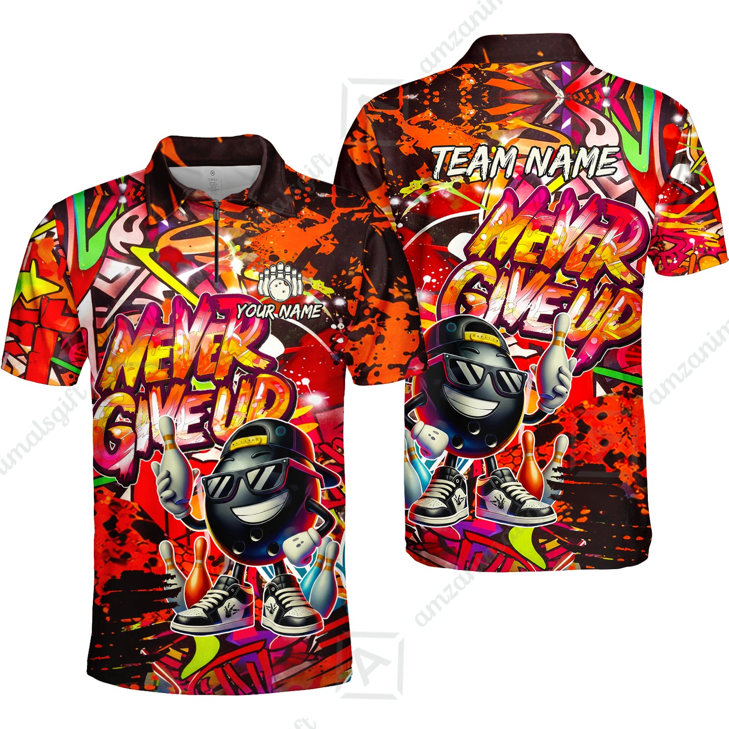 Customized Bowling Unisex Polo Shirt, Graffiti Bowling Funny Never Give Up Bowling Uniform, Personalized Name And Team Name