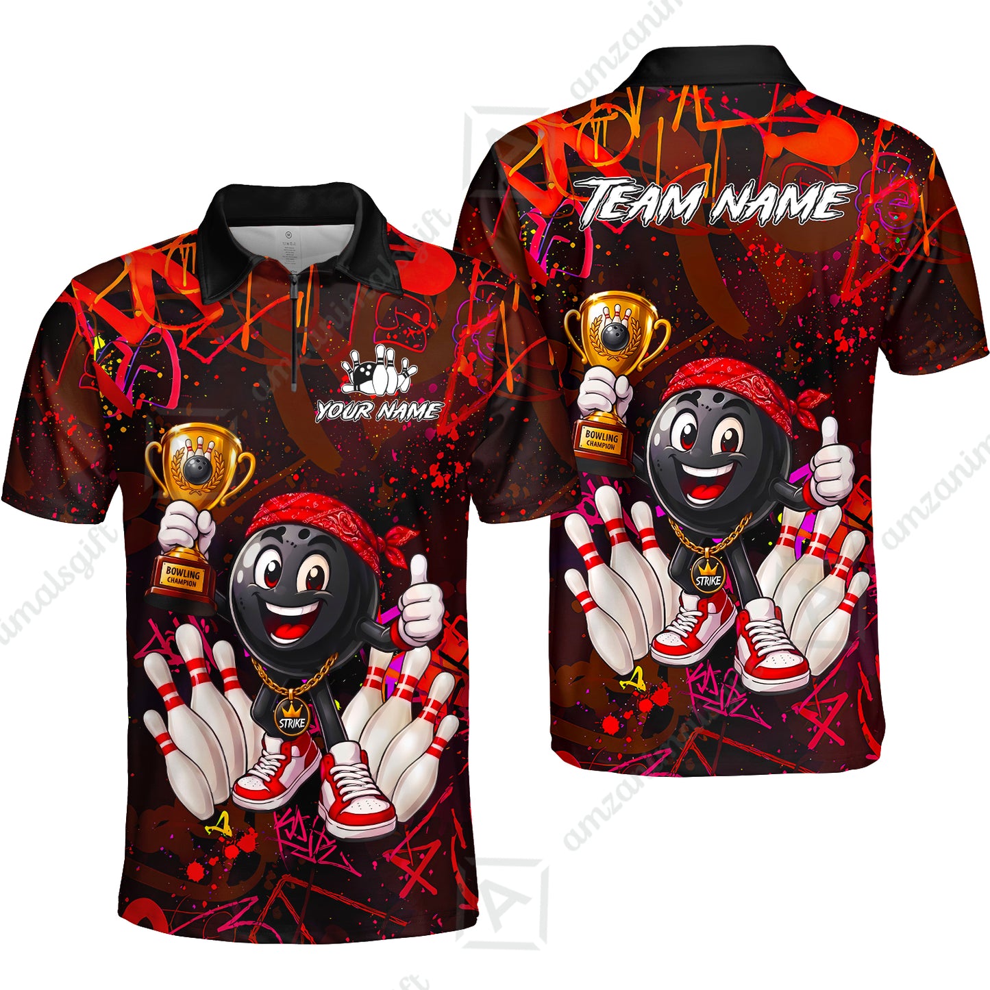 Custom Bowling Jersey Polo Shirt, Graffiti Champion, Custom Bowling Jersey Team Shirt For Players With Name & Team Name