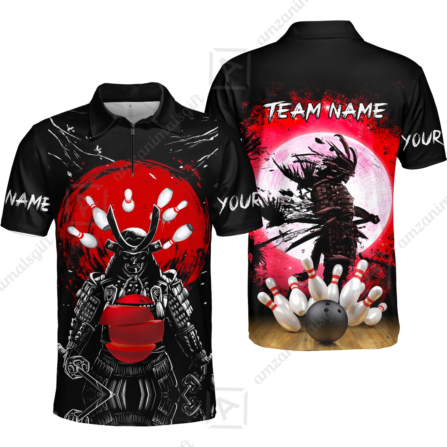 Custom Bowling Team Jerseys Polo Shirts, Bowling uniforms Ball And Pins Samurai Multicolor Options Personalized Name And Team Name