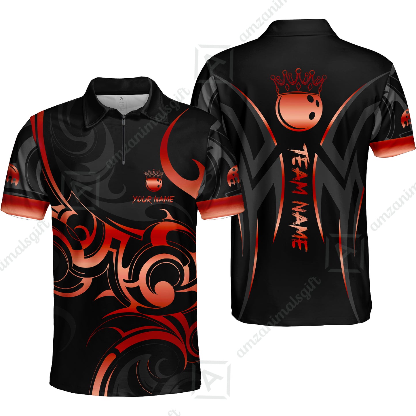 Customized Bowling Team Quarter-Zip Polo Shirt, Bowling Swirling Fire Flames Gold And Black Style Zip Polo Shirt