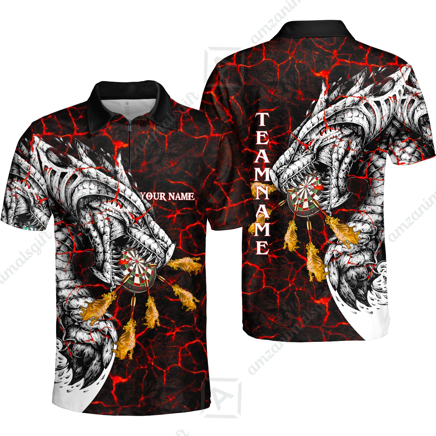 Customized Darts Team Quarter-Zip Polo Shirt, Darts And Dragon With Magma Personalized Zipper Polo Shirt For Darts Players