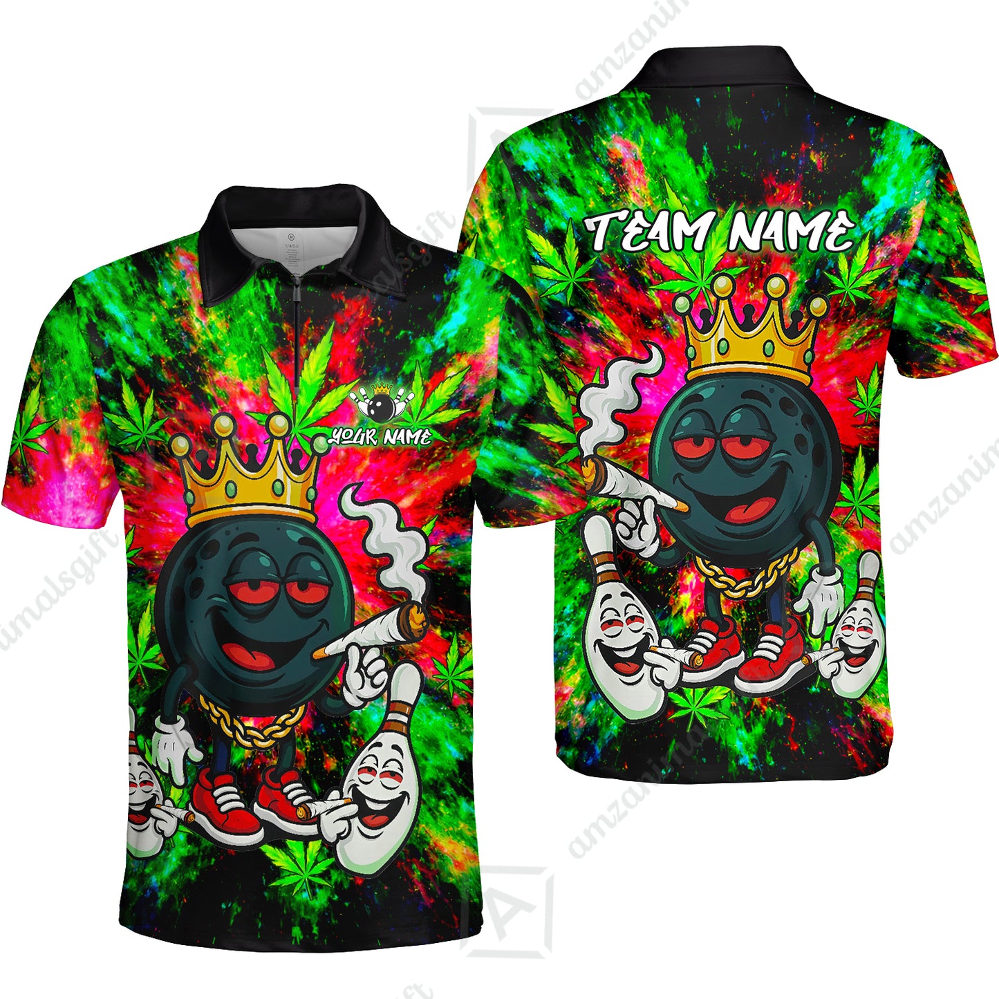 Custom Bowling Team Flat Neck Zip Jersey Shirt, King Smoke Tie-Dye Personalized Team Shirt, Custom Name and Team Name for Bowlers