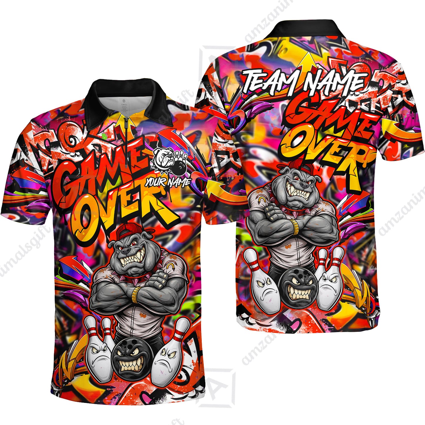 Customized Bowling Unisex Polo Shirt, Cool BullDog With Angry Bowling Game Over - Personalized Name And Team Name