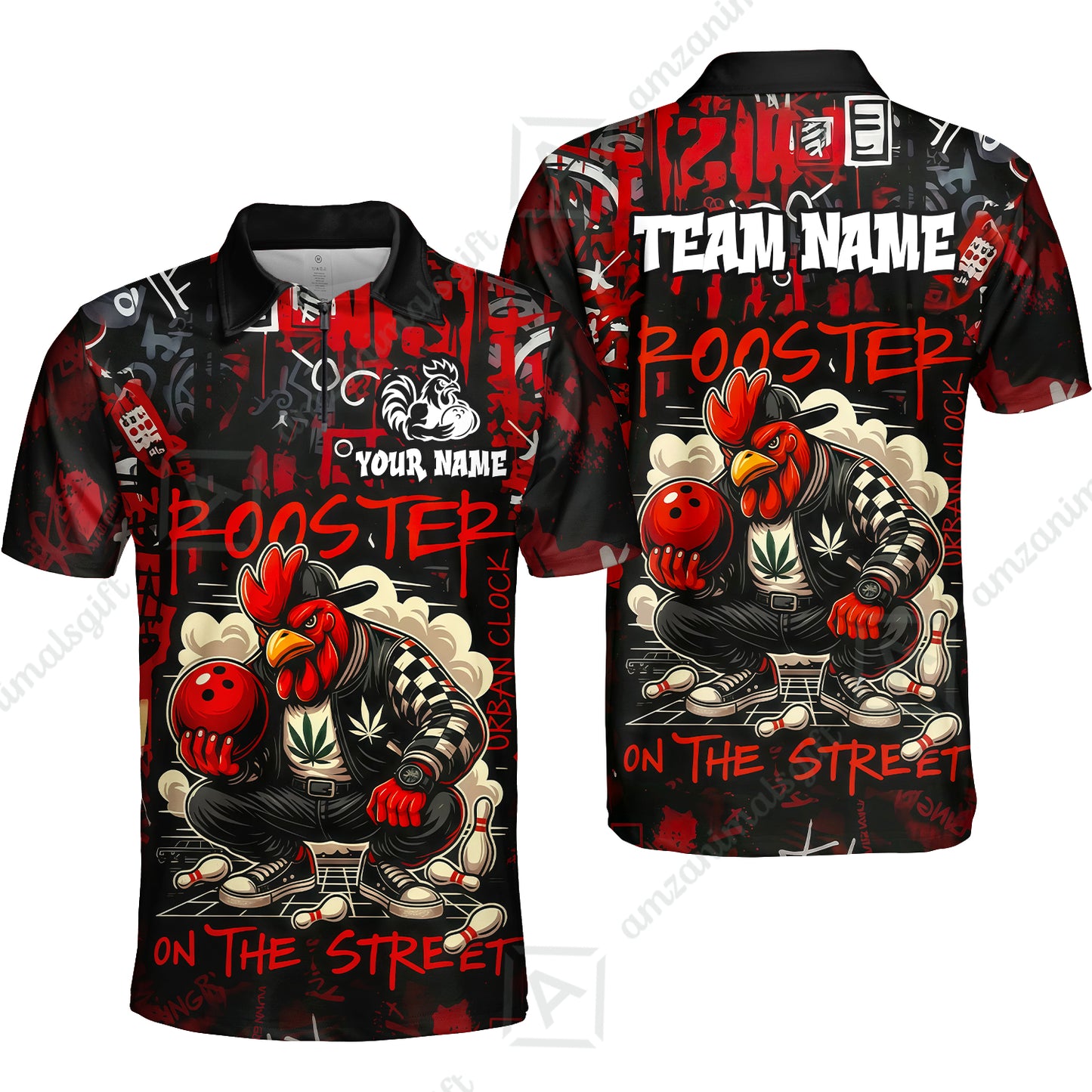 Customized Bowling Unisex Polo Shirt, Urban Streetwear Chicken Bowling Rooster On The Street, Personalized Name Team Name