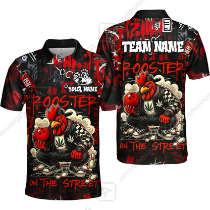 Customized Bowling Unisex Polo Shirt, Urban Streetwear Chicken Bowling Rooster On The Street, Personalized Name Team Name