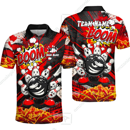 Customized Bowling Unisex Polo Shirt, Boom Bowling Angry Ball Screaming Pins, Personalized Name And Team Name For Bowlers