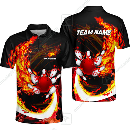 Customized Bowling Polo Team Jerseys, Breath Of Fire Bowling And Pins Multicolor Option Customized Name And Team Name For Bowling Team