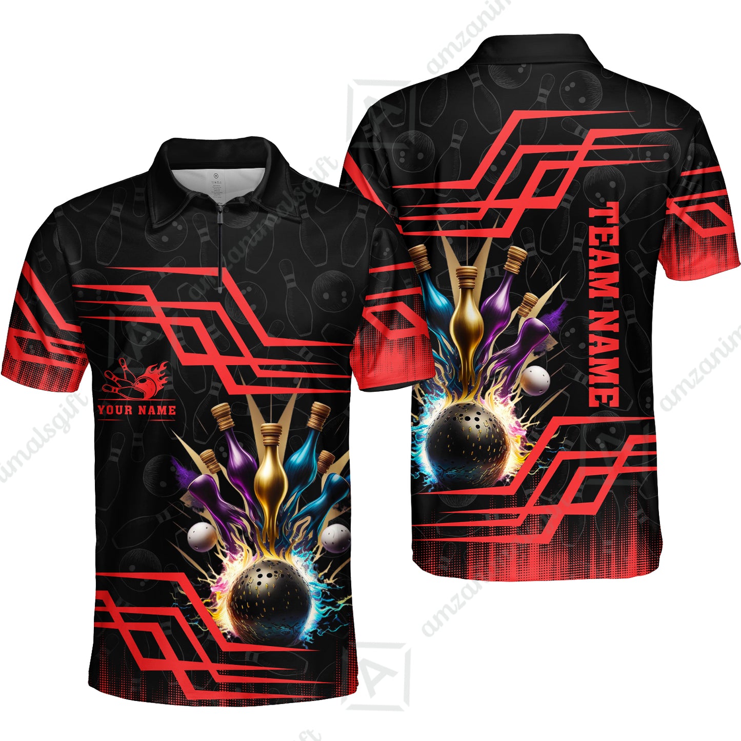 Customized Bowling Unisex Polo, Bowling And Pins Royal Multicolor Option Customized Name And Team Name For Bowling Team
