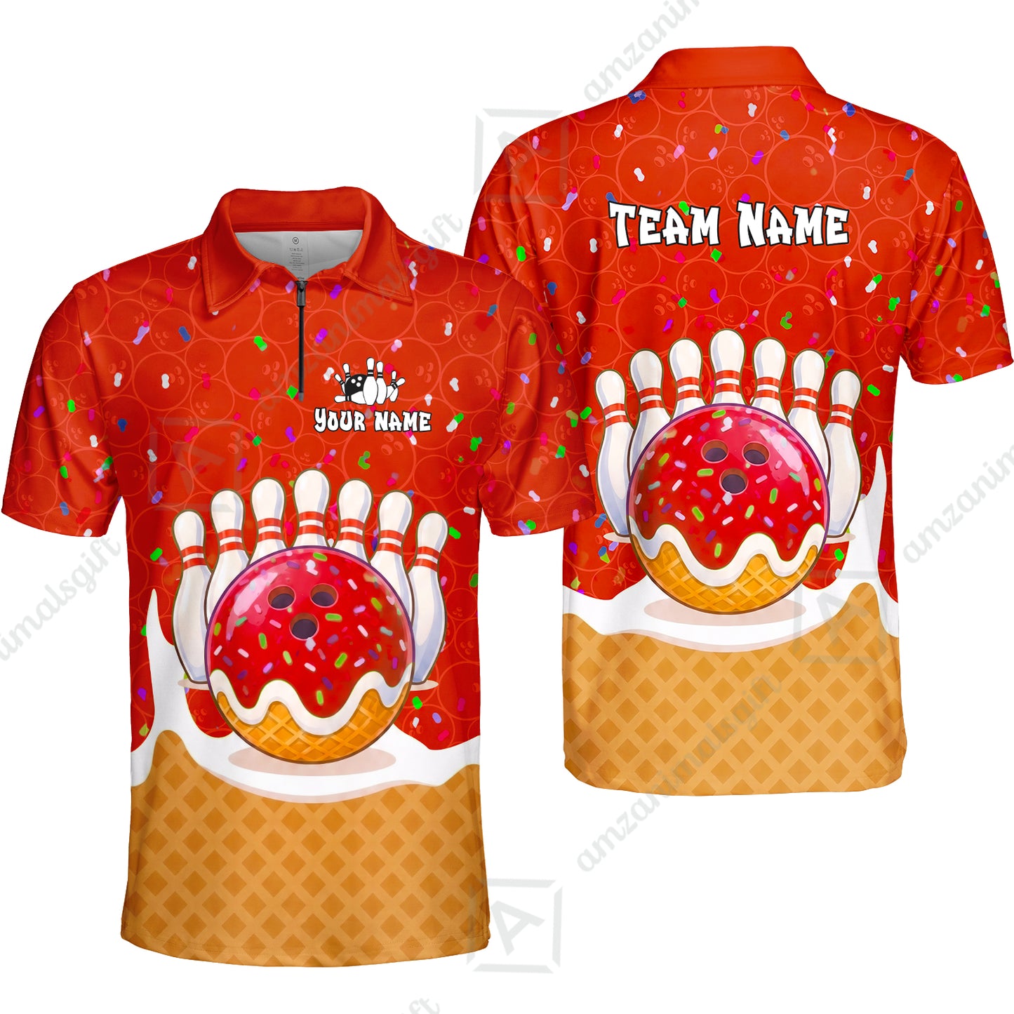 Custom Bowling Jersey Polo Shirt, Bowling Sprinkles Ice Cream Cone, Personalized Name & Team Name