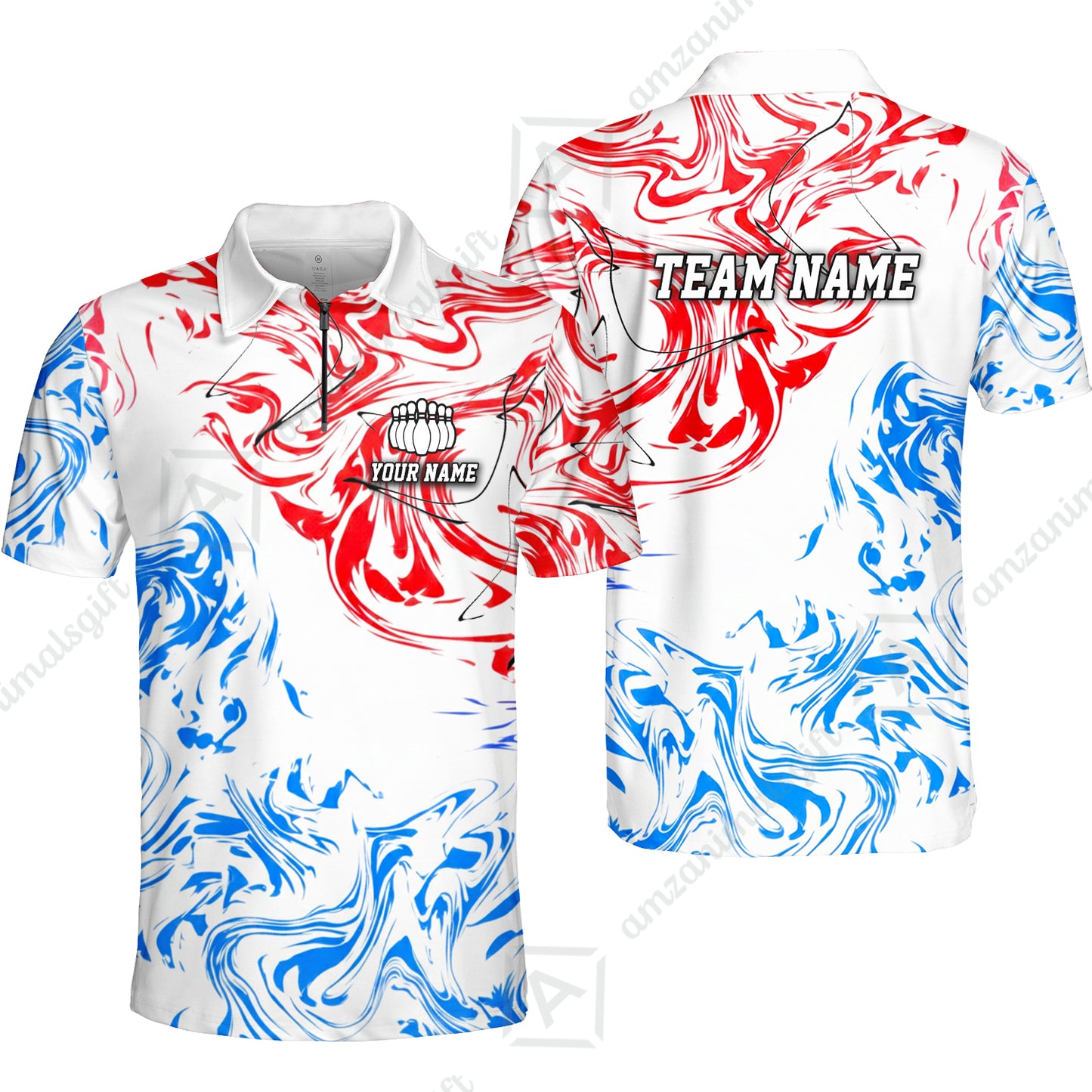 Customized Bowling Unisex Polo Shirt, Velocity Wave Marble Swirl Pattern Bowling, Personalized Name Team Name For Bowlers