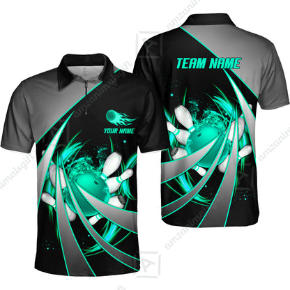 Customized Bowling Unisex Polo, Flame Bowling And Pins Tornado Pattern Multicolor Option Customized Name Zipper Polo Jerseys Shirts