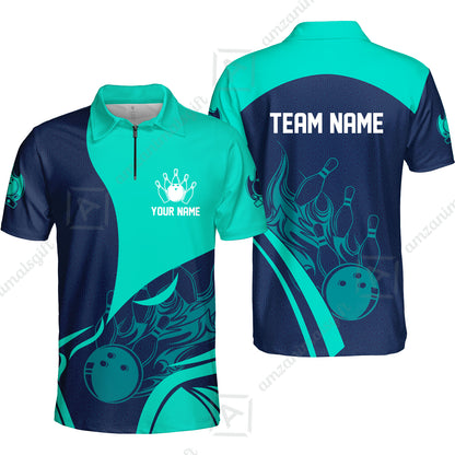 Customized Bowling Quarter-Zip Polo Shirt, Flame Bowling Multicolor Custom Team Uniform Zip Polo, Jersey for Bowlers