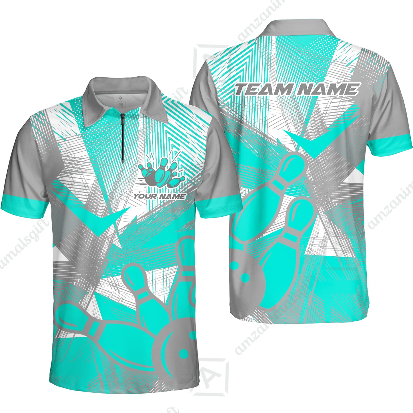 Customized Bowling Quarter-Zip Polo Shirt, Bowling Ball And Pins Esports Pattern Zip Polo Shirt Uniform For Bowlers