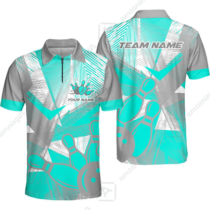 Customized Bowling Quarter-Zip Polo Shirt, Bowling Ball And Pins Esports Pattern Zip Polo Shirt Uniform For Bowlers