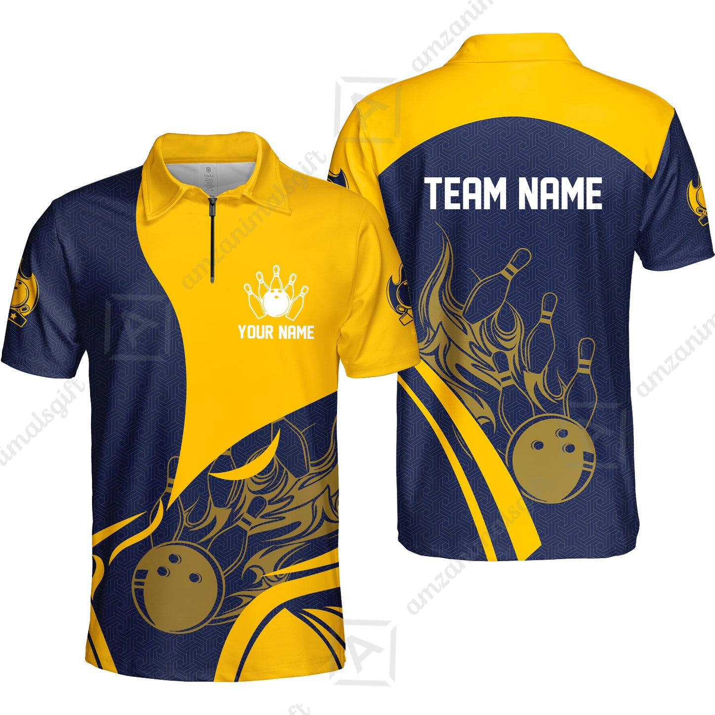 Customized Bowling Quarter-Zip Polo Shirt, Flame Bowling Multicolor Custom Team Uniform Zip Polo, Jersey for Bowlers