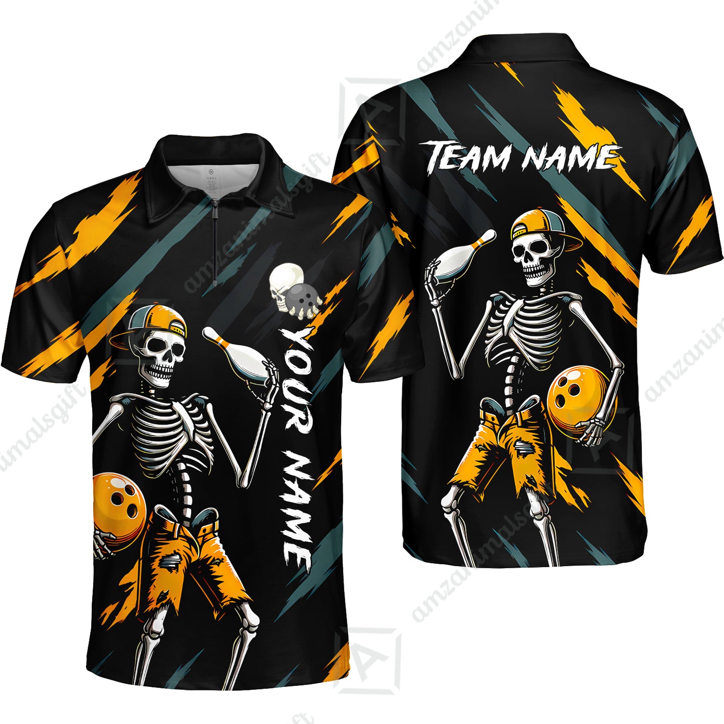 Customized Bowling Shirt, Bad Boy Skeleton Bowler, Personalized Polo Shirt For Players With Name & Team Name