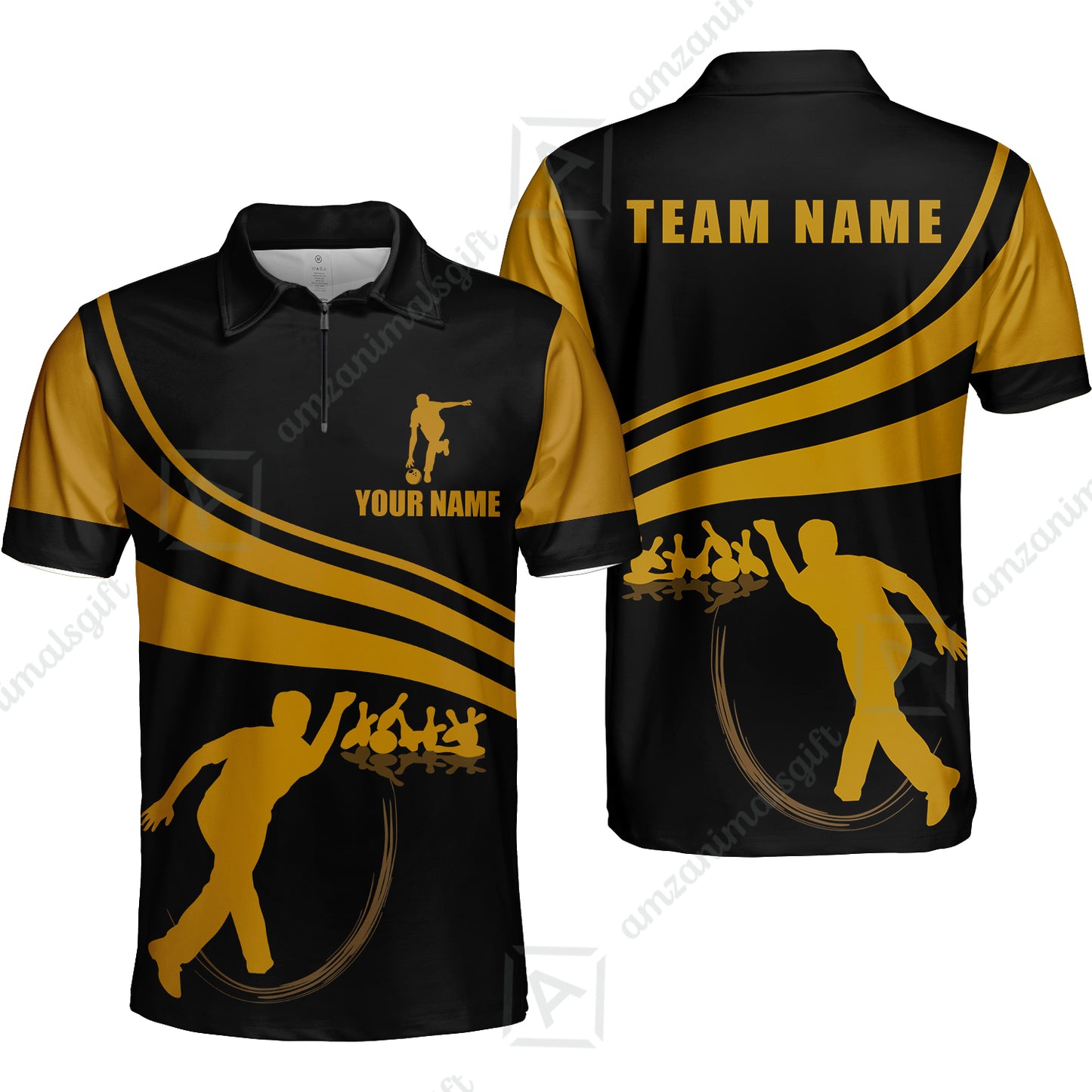 Customized Bowling Quarter-Zip Polo Shirt Bowling Silhouette Black And White, Custom Name And Team Name Bowling Polo Shirt