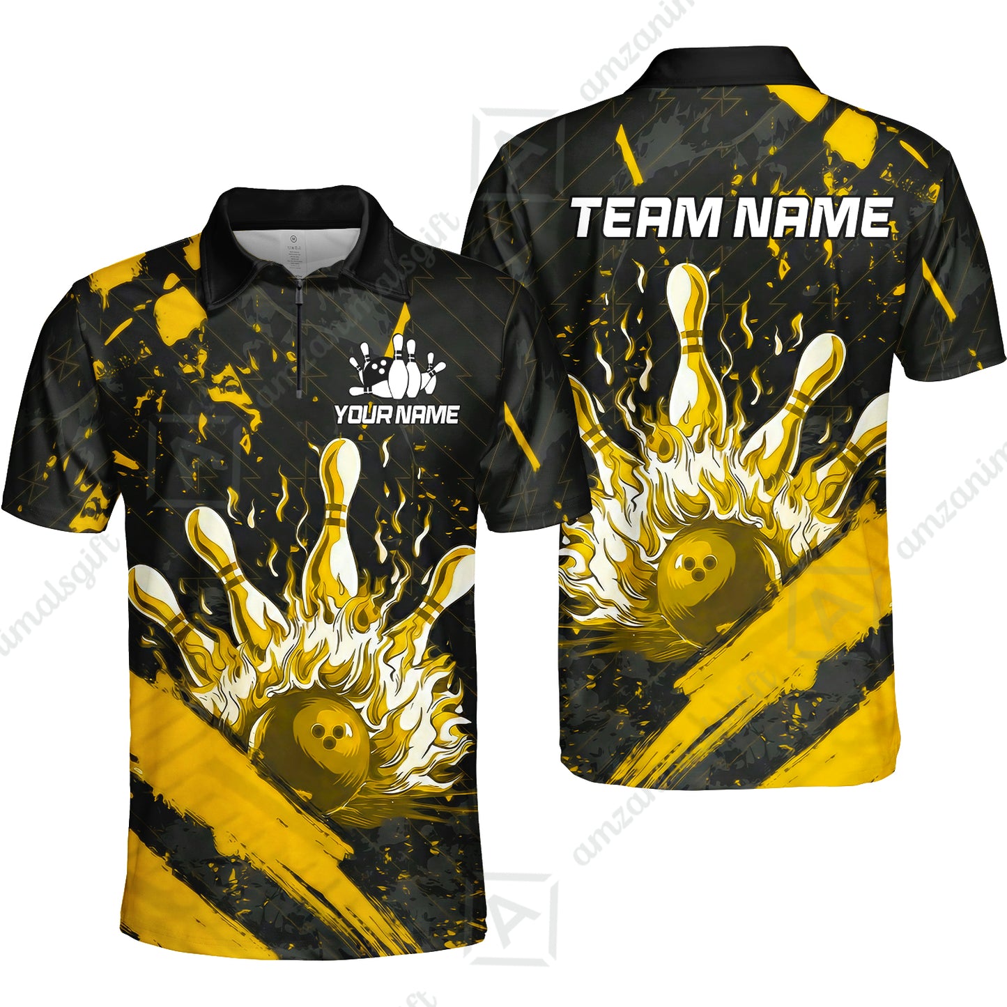Customized Bowling Unisex Polo Shirt, Bowling And Pins Grunge Flame, Bowling Uniform - Personalized Name And Team Name