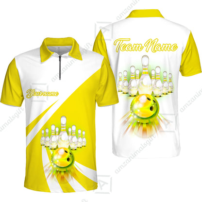 Bowling Customized Jersey White Yellow Shirt Rolling Bowling Tenpin Quarter Zip Shirt, Outfit For Bowlers, Bowling Team