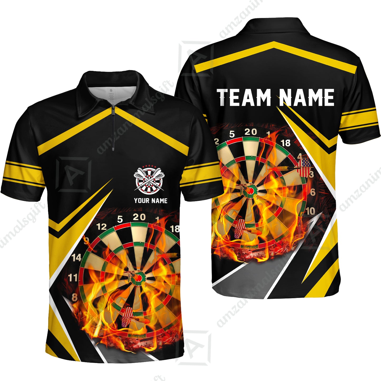 Customized Darts Team Quarter-Zip Polo Shirt, Dartboard In Flame Polo Shirt Personalized Name And Team Name For Darts League