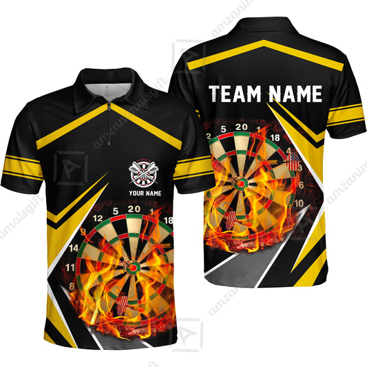 Customized Darts Team Quarter-Zip Polo Shirt, Dartboard In Flame Polo Shirt Personalized Name And Team Name For Darts League