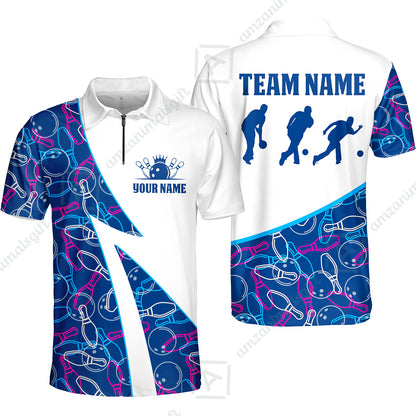 Custom Bowling Team Bowling Jersey, Neon Pattern Bowling Jersey With Player Silhouettes Multicolor Polo Quarter-Zip Shirts, Custom Bowling Uniforms Jerseys