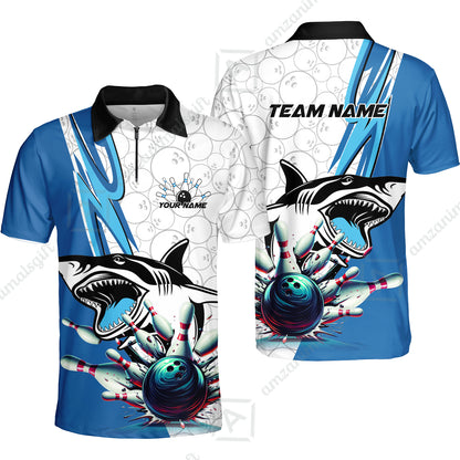 Custom Shark Bowling Team Jersey,  Shark Bowling Jersey Multicolor Polo Quarter-Zip Shirts, Bowling Uniforms Jerseys, Custom Name And Team Name