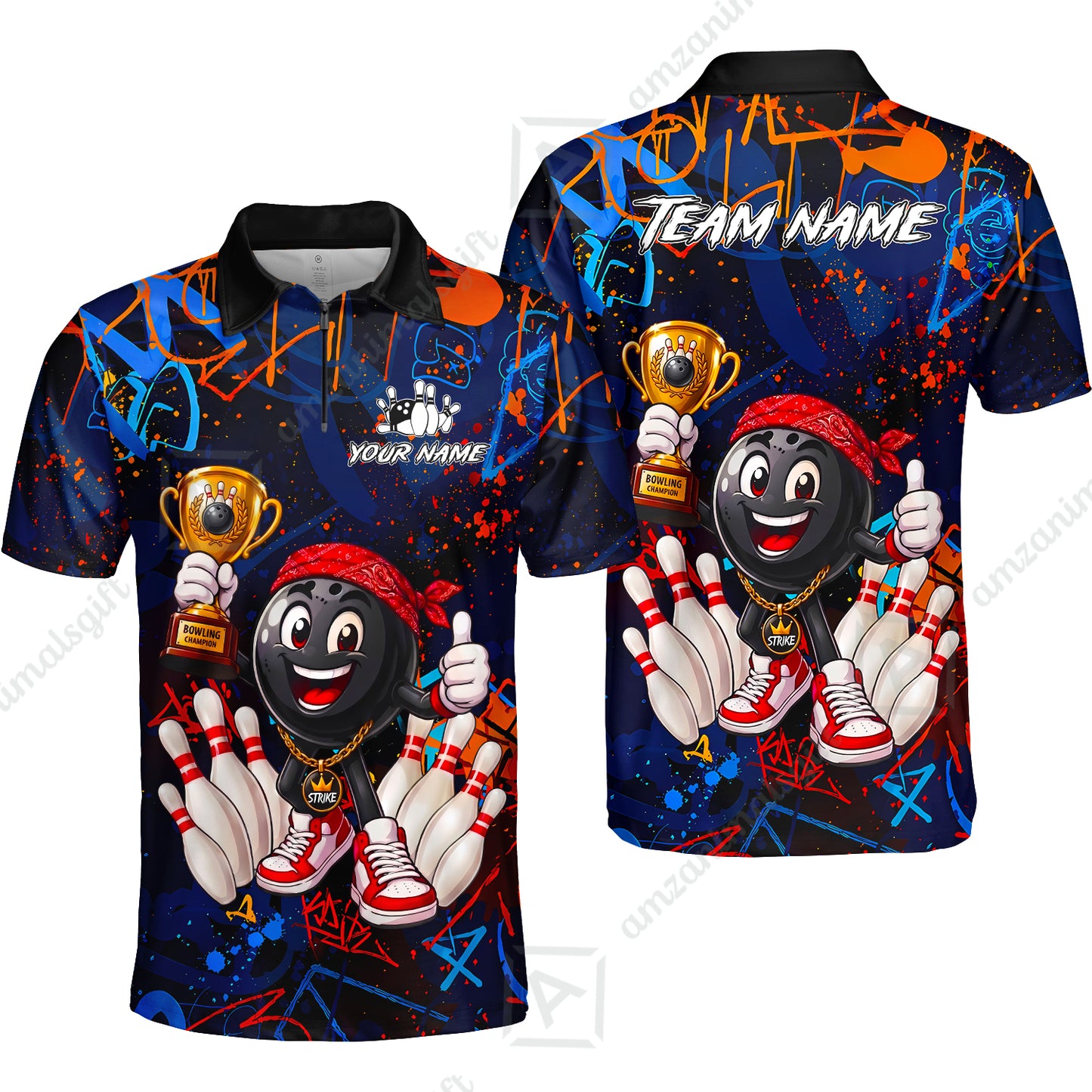 Custom Bowling Jersey Polo Shirt, Graffiti Champion, Custom Bowling Jersey Team Shirt For Players With Name & Team Name