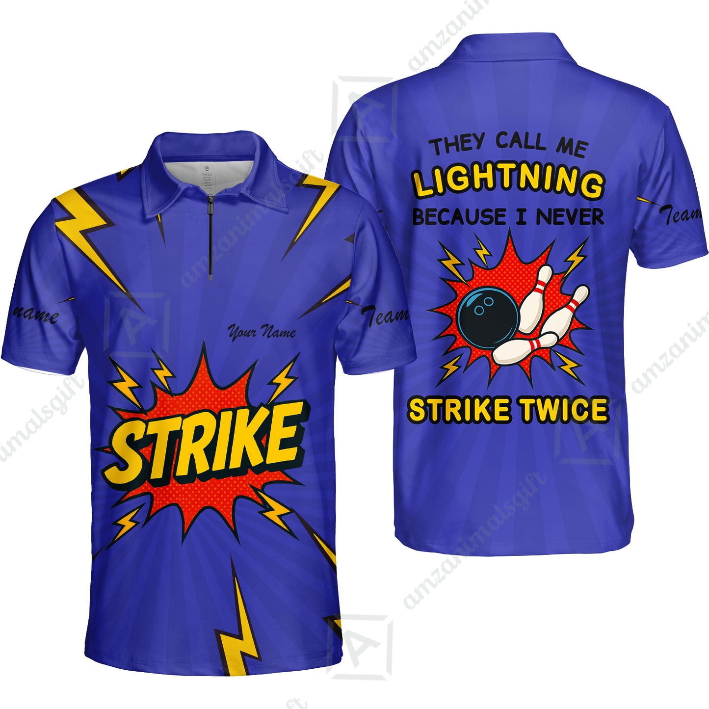 Customized Bowling Quarter-Zip Polo Shirt, They Call Me Lightning Because I Never Strike Twice Comic Style Zip Polo Shirt