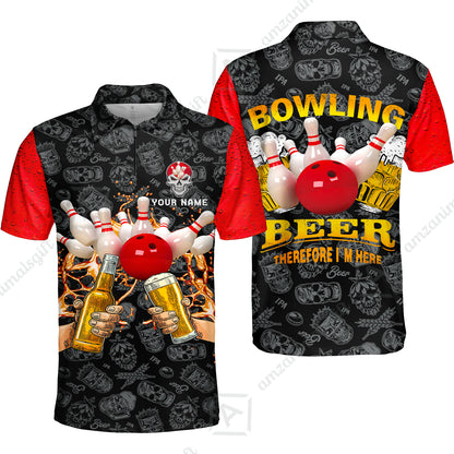 Bowling Long Polo Shirt Custom Name, Bowling and Beer Black Red Therefore I'm Here Personalized Long Polo Shirt