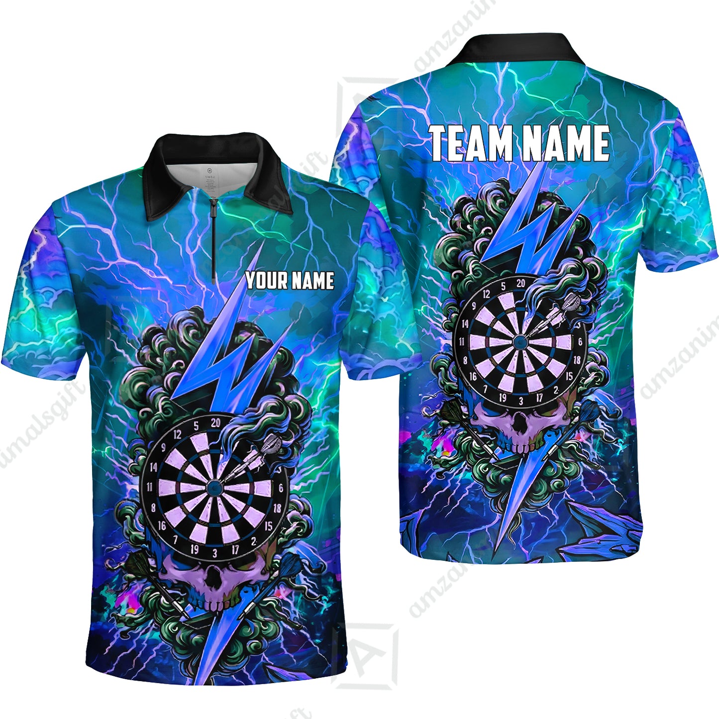 Custom Darts Team Jersey, Personalized Lightning Skull Dart Polo Shirt For Players With Name & Team Name