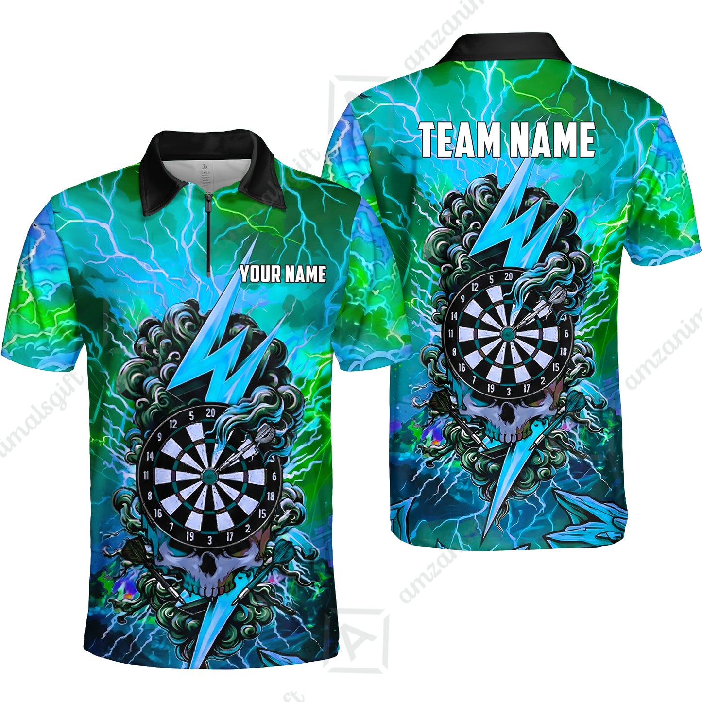 Custom Darts Team Jersey, Personalized Lightning Skull Dart Polo Shirt For Players With Name & Team Name