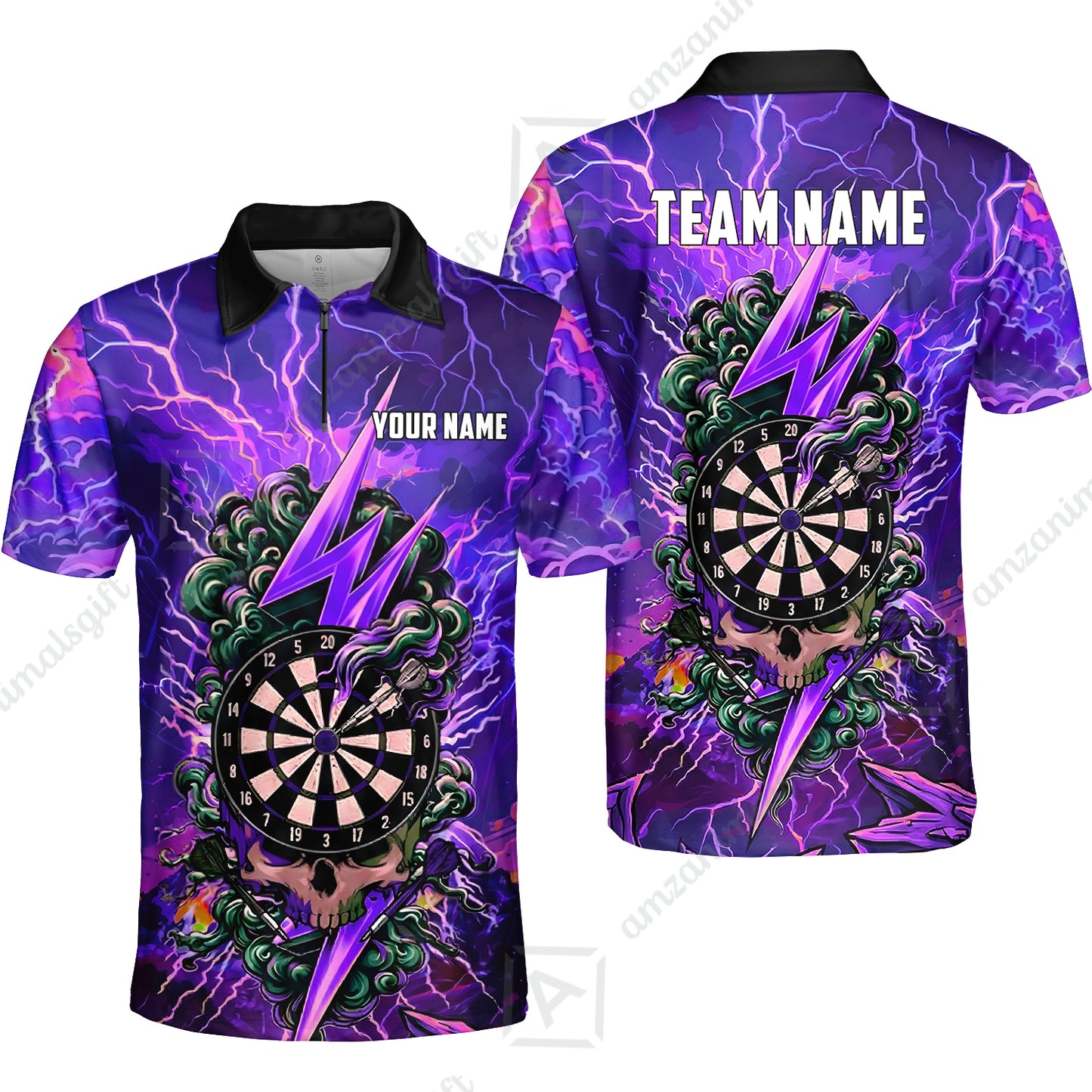 Custom Darts Team Jersey, Personalized Lightning Skull Dart Polo Shirt For Players With Name & Team Name