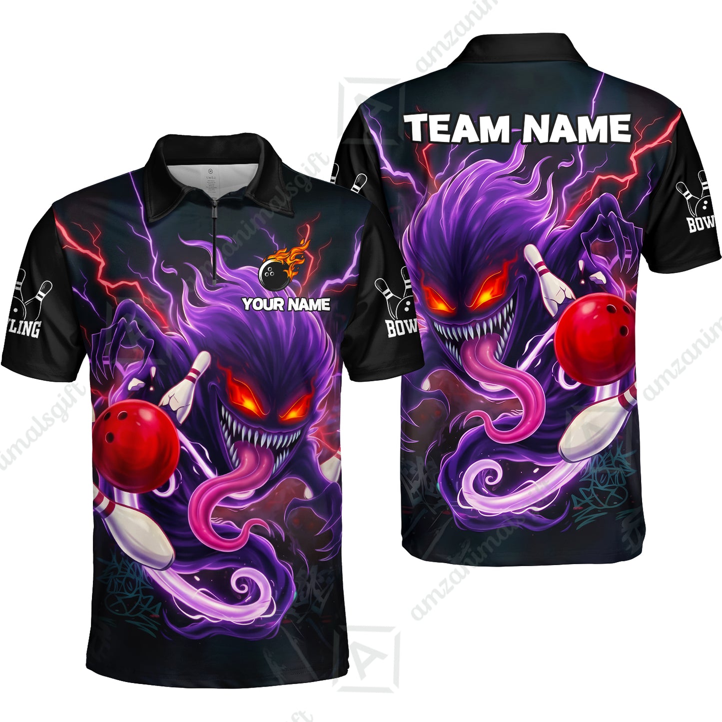 Customized Bowling Jerseys Polo Shirt, Evil Bowling Monster-Dark Bowling Spirit, Uniform Bowling - Personalized Name And Team Name