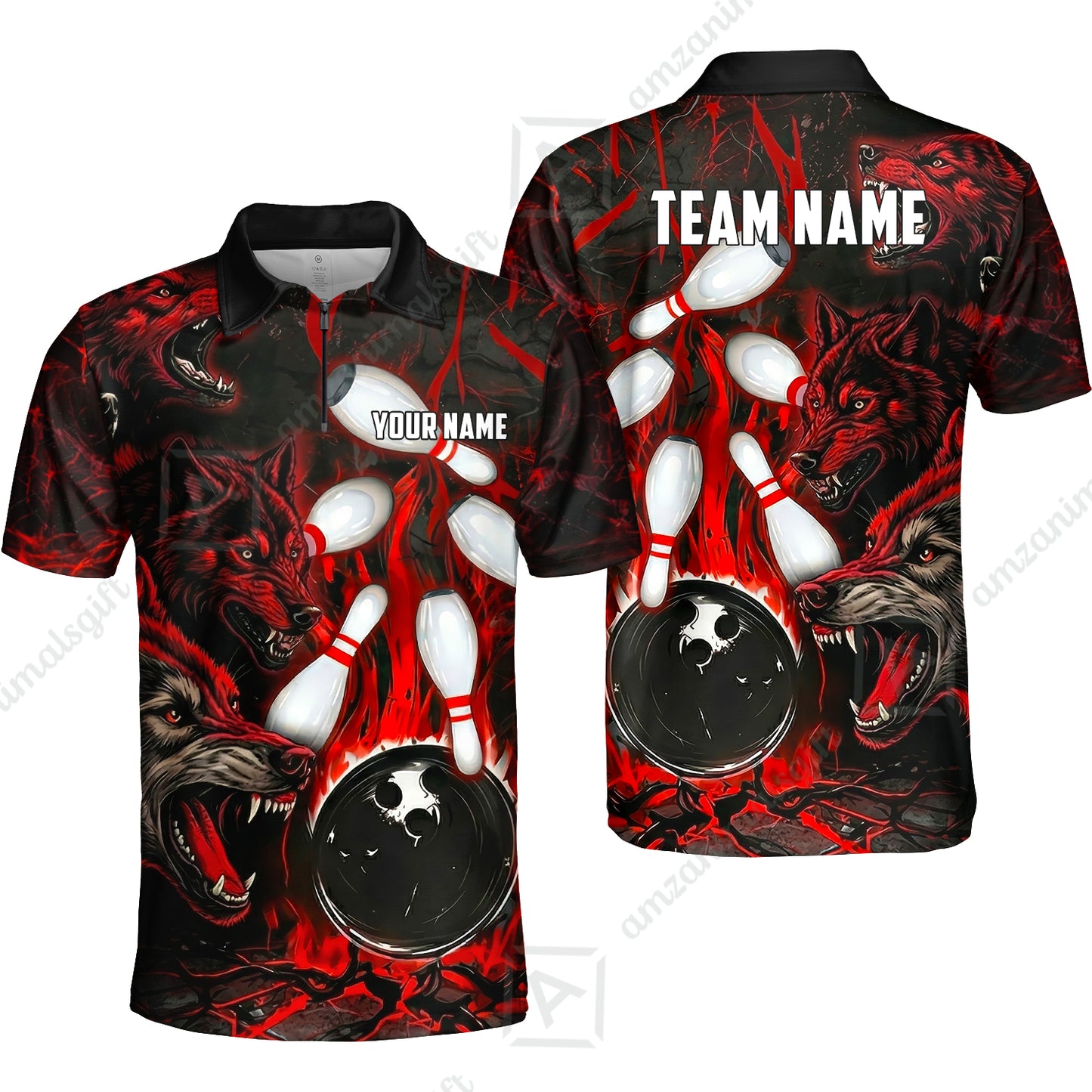 Custom Bowling Jersey Polo Shirt, Fierce Flame Wolf Mascot, Custom Bowling Jersey Team Shirt For Players With Name & Team Name