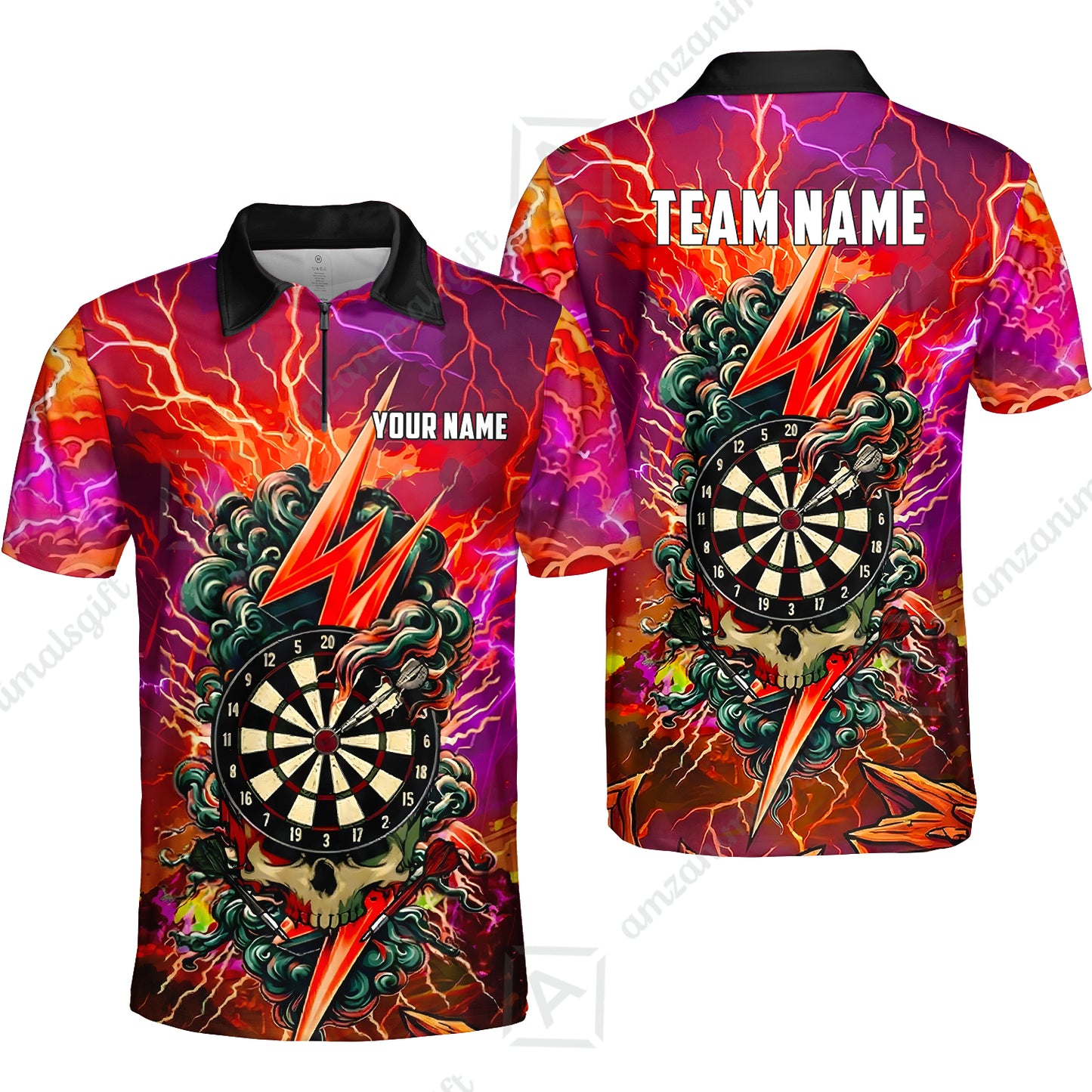 Custom Darts Team Jersey, Personalized Lightning Skull Dart Polo Shirt For Players With Name & Team Name