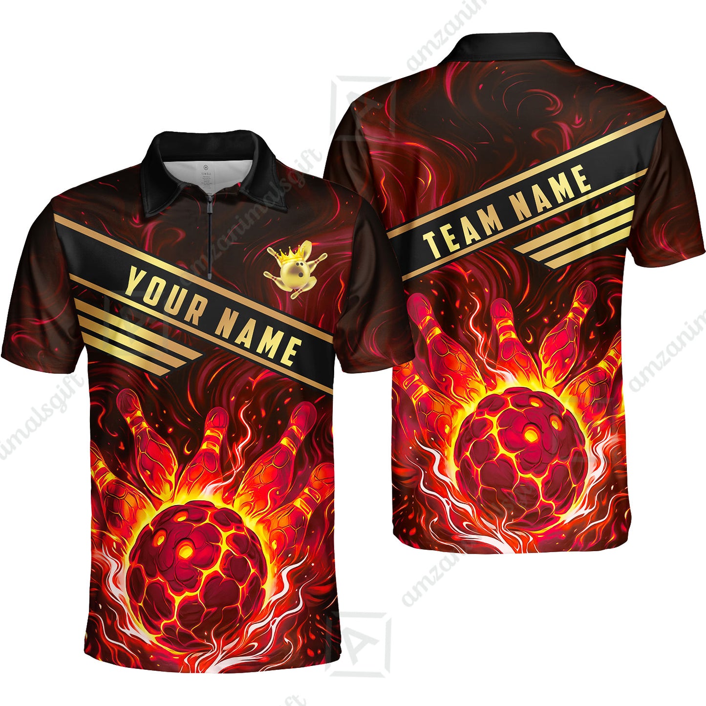 Custom Bowling Polo Shirt, Glowing Bowling Ball and Pins Custom Bowling Polo Team Shirt For Players With Name & Team Name
