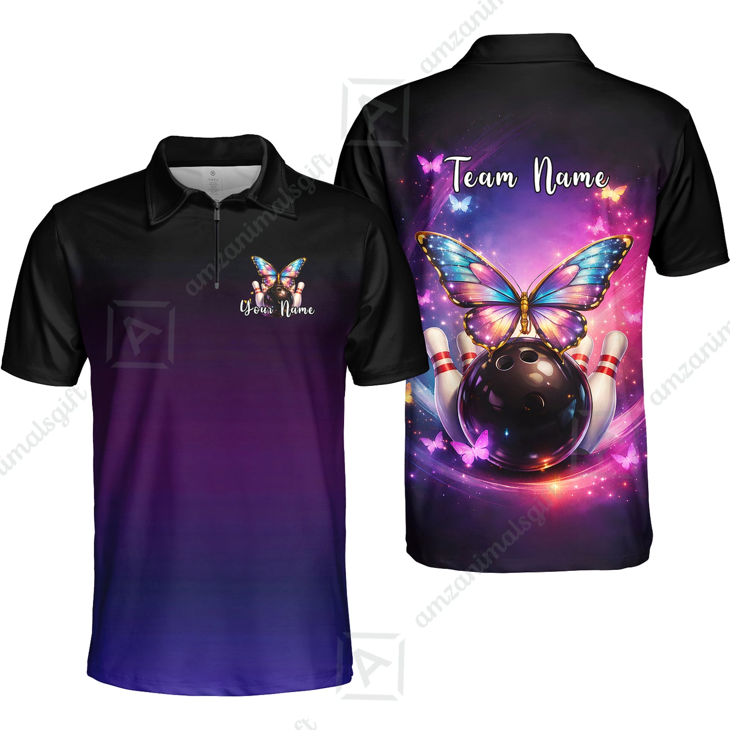 Custom Bowling Polo Shirt, Midnight Butterfly Bowling, Custom Bowling Polo Team Shirt With Name & Team Name