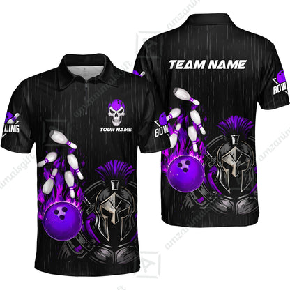 Custom Bowling Jersey Polo Shirt, Fire Bowling Knight Rain Skull Logo, Personalize Name & Team Name