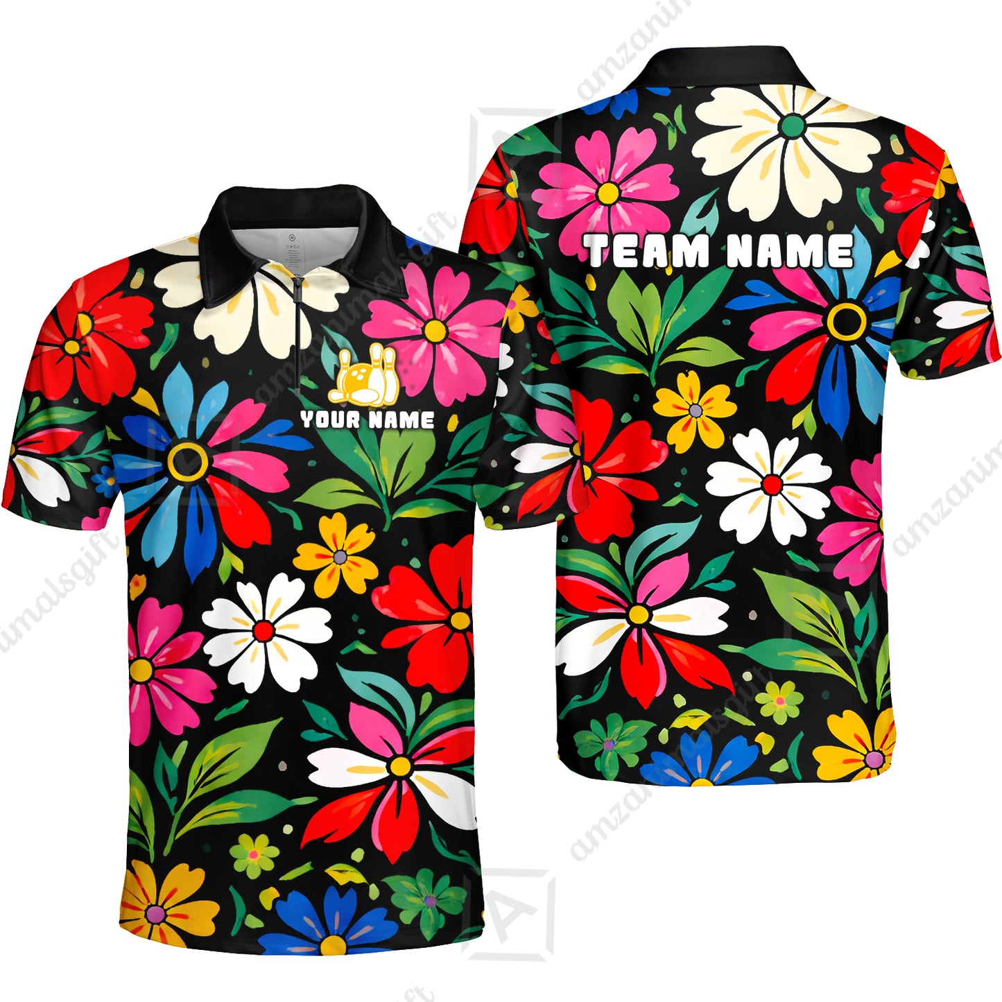 Custom Bowling Jersey Polo Shirt, Vibrant Summer Bloom Floral, Custom Bowling Jersey Team Shirt For Players With Name and Team Name