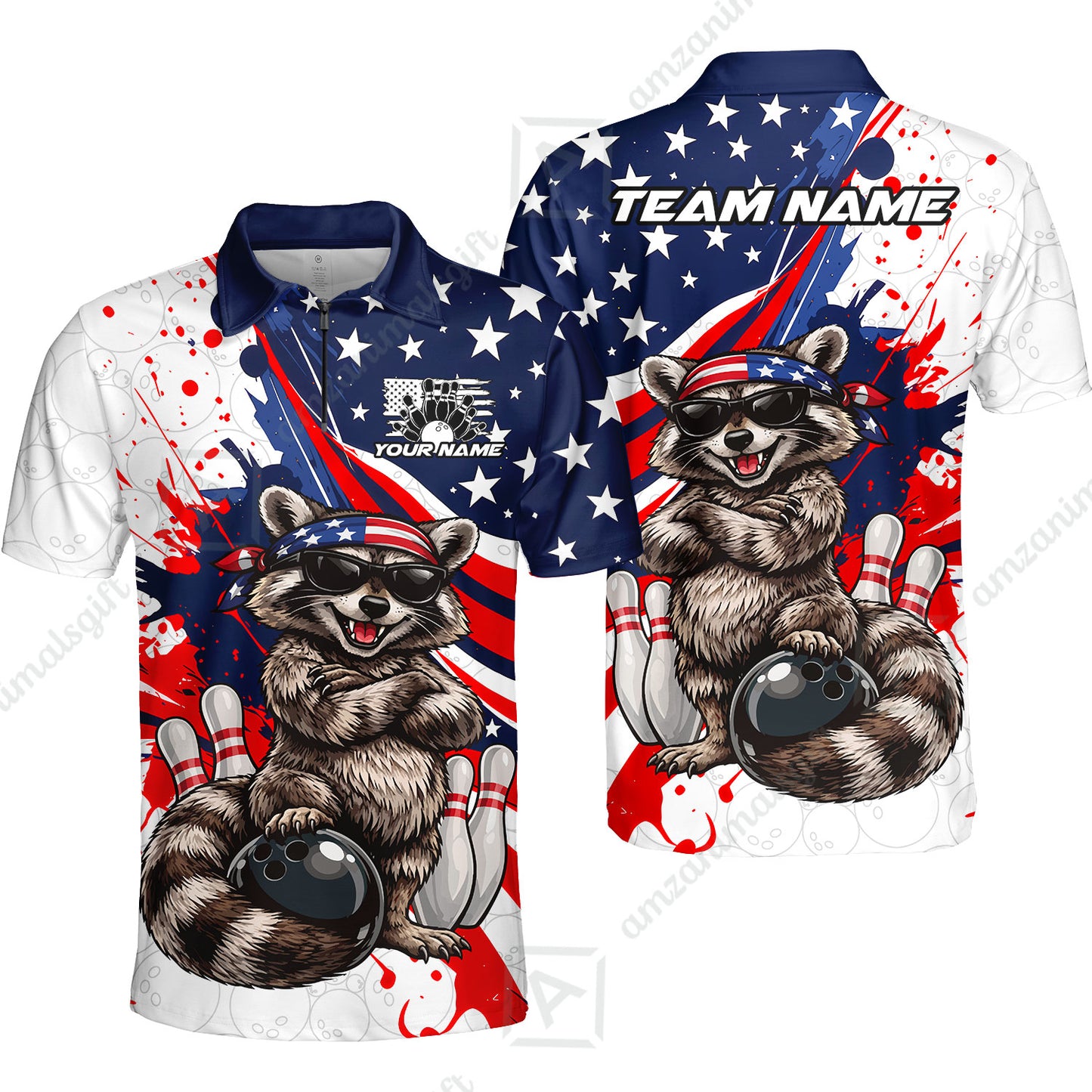 Custom Bowling Jersey Polo Shirt, Patriotic Cool Raccoon Mascot, Custom Bowling Jersey Team Shirt For Players With Name and Team Name