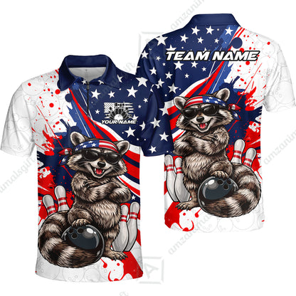 Custom Bowling Jersey Polo Shirt, Patriotic Cool Raccoon Mascot, Custom Bowling Jersey Team Shirt For Players With Name and Team Name