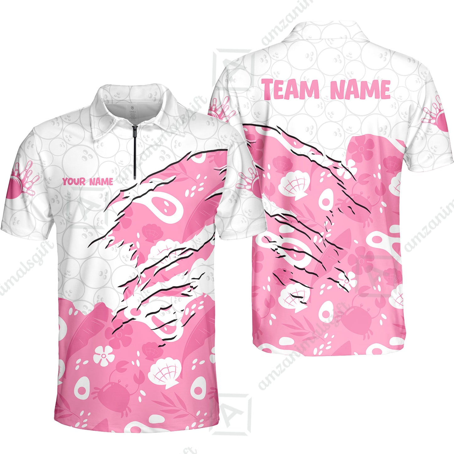 Custom Bowling Jersey Polo Shirt, Pattern Crab Half Crenate Ark Flower Glass, Personalize Name and Team Name