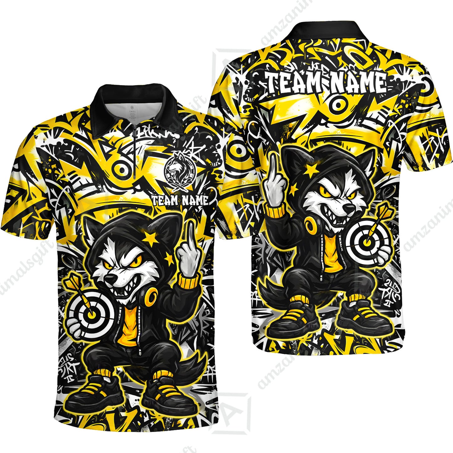 Customized Darts Team Uniform Shirt, Cool Cartoon Wolf With Dartboard, Personalized Name And Team Name